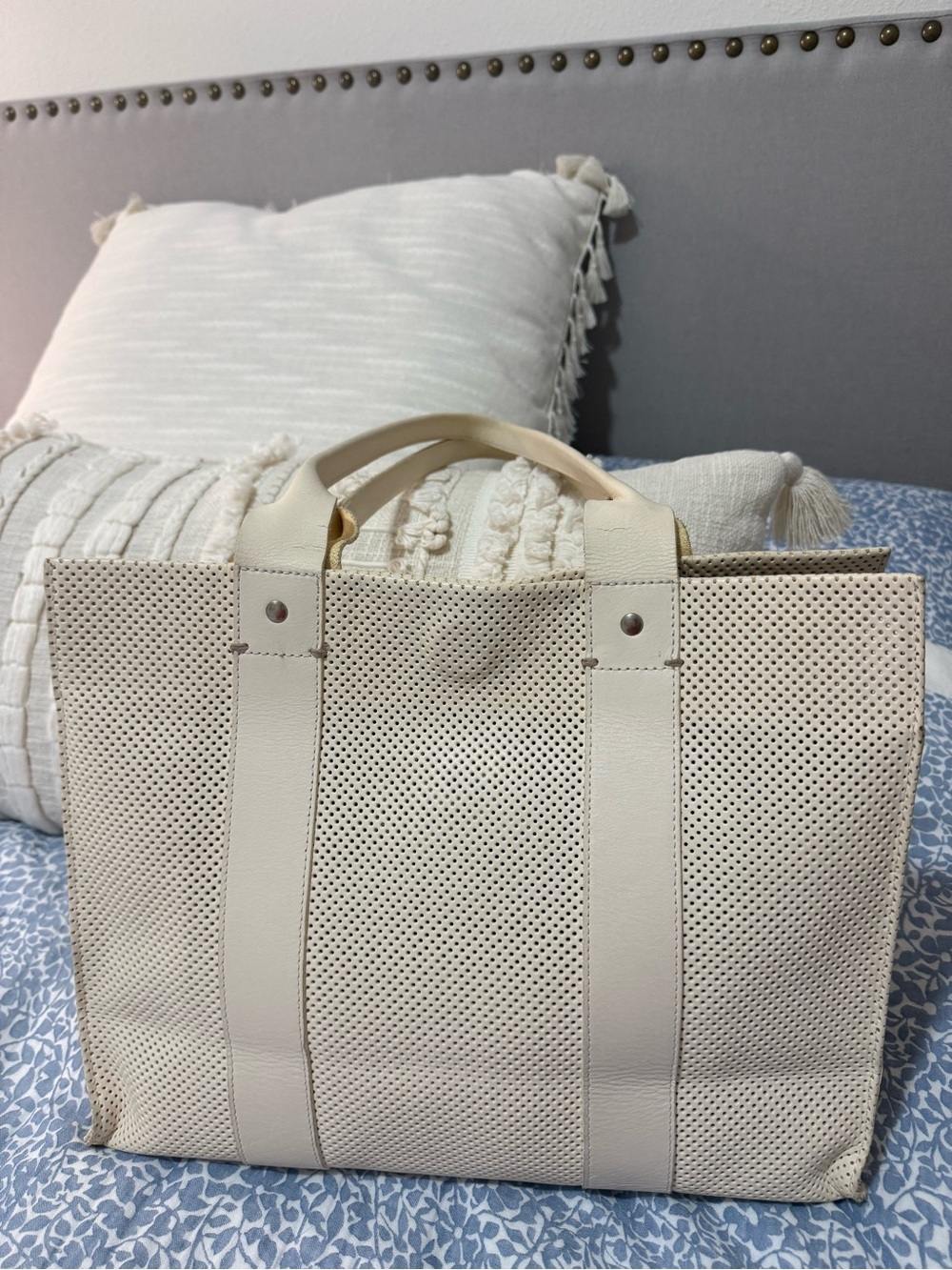 Clare V Cream Perforated Leather Tote